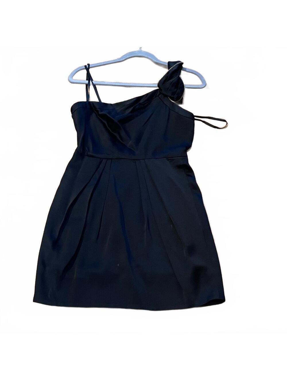 BCBGMaxAzria Black One Shoulder Cocktail Mini Dress Zipper Hardware Pleated 4